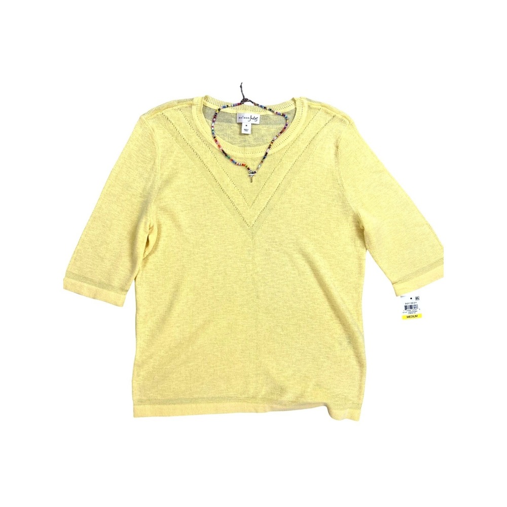 Maison Jules Yellow Knit Sweater Womens Size M Lightweight Ramie 100% Cotton Ble